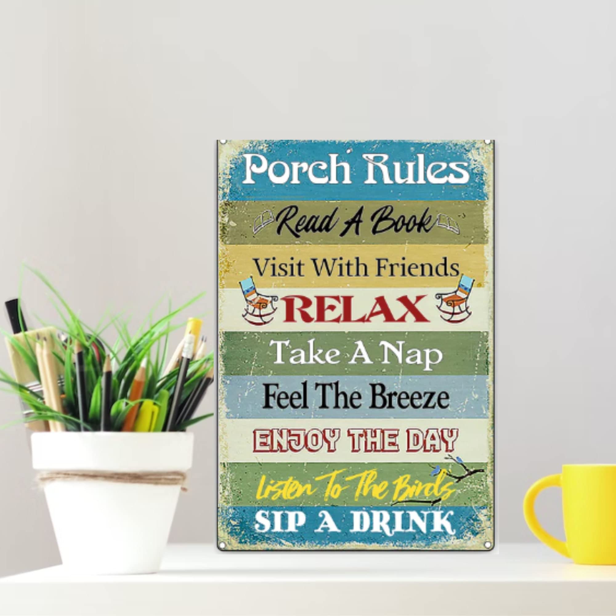Niekea Vintage Metal Tin Sign Porch Rules Read A Book Visit With Friends | Vintage Decor Sign Tin plaque 12x8 Inch