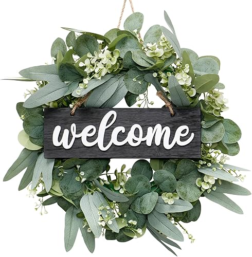 Dremisland Corona para puerta delantera, corona de eucalipto verde de 18 pulgadas, letrero de bienvenida para granja, decoración de festival,