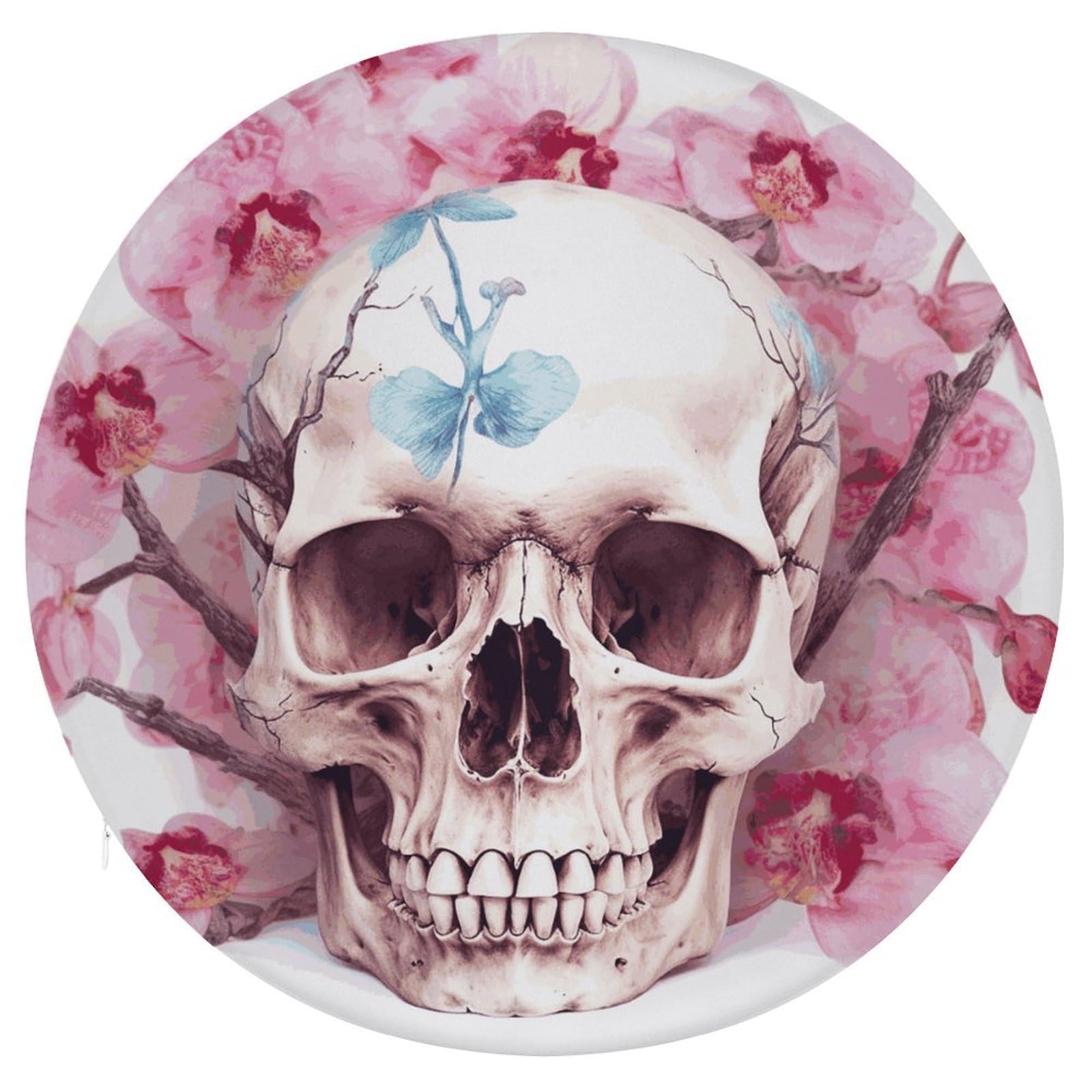 FekiLoot Human Skull Pink Flowers Seat Cushion Comfort Memory Foam Seat Cushion Chair Pad Soft Round Stool Cushion Chair Cushion Removable Washable Cover for Home Office Outdoor Bistro 15.35 Inch