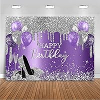 Vista 1 de Mocsicka Telón de fondo de cumpleaños morado y plateado, decoración de fiesta de cumpleaños, globos con purpurina, tacones altos, telón de fondo