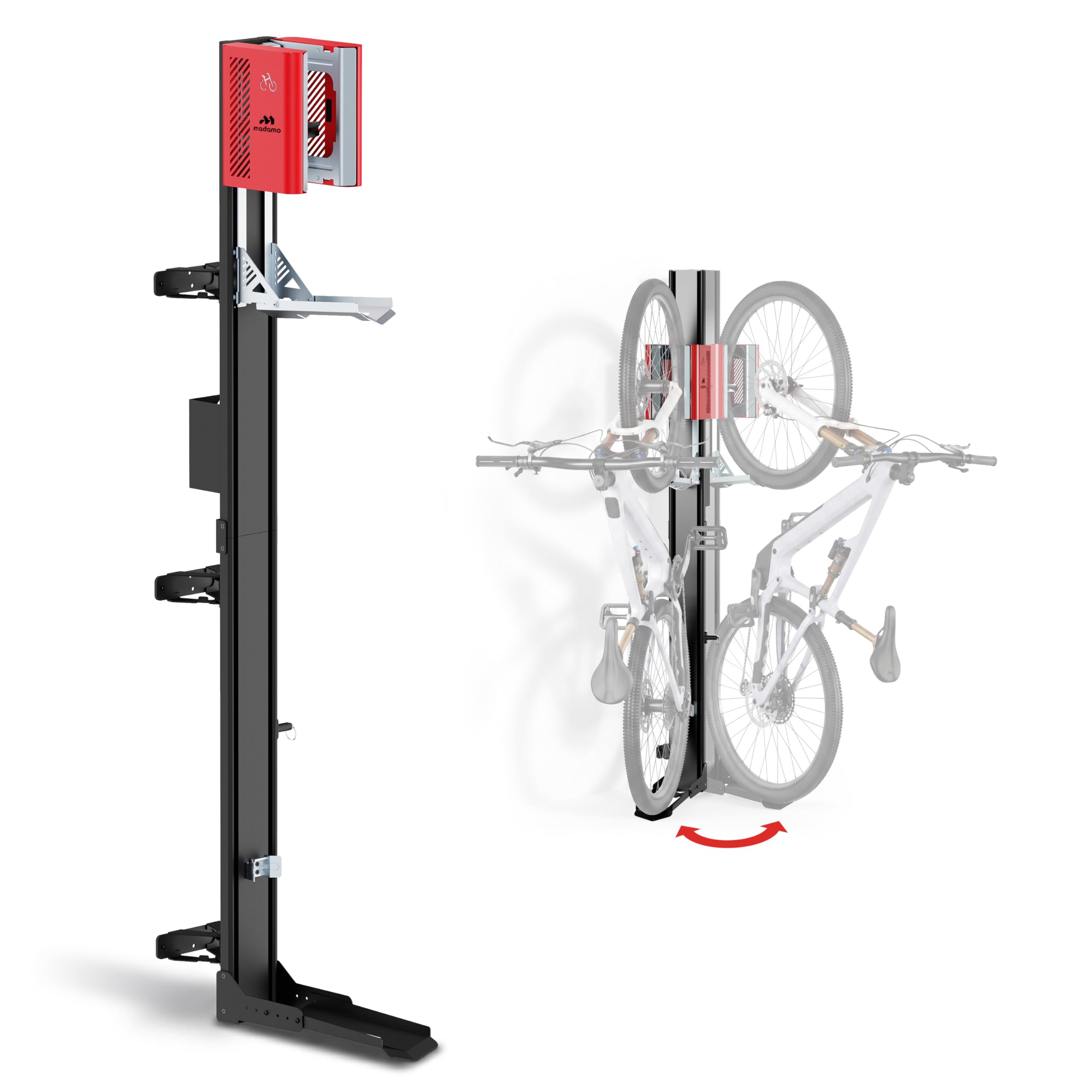 MADAMO Fahrradlift schwenkbar - Fahrrad Wandhalterung vertikal bis 32kg - Fahrradaufhängung Wand - Bike Wall Mount für Garagen Ordnung - Für alle Fahrradtypen inkl E-Bike, MTB & Rennrad - Schwarz/Rot