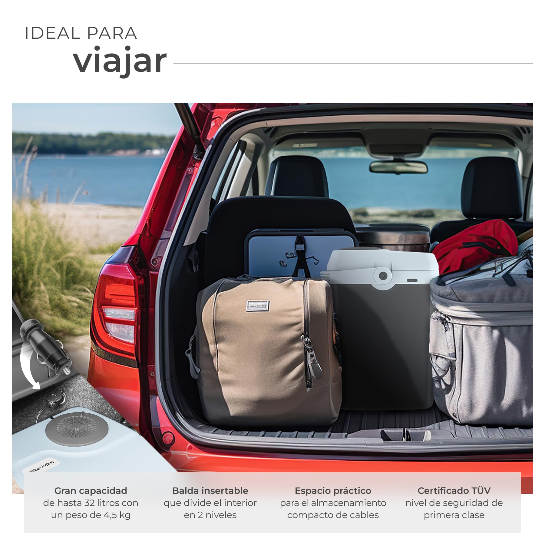 tectake® Nevera Eléctrica 2 en 1, 32 l, Funciones Refrigeración y Calentamiento, 44 x 32 x 45 cm, Modo Eco, Silencioso, 230 V y 12 V Enchufes Domésticos y del Coche, Acampada, con Aislamiento - Gris