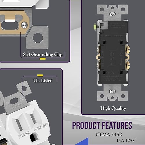 Miniatura 93 de ENERLITES Elite Series Duplex Receptacle with Screwless Wall Plate, Residential Grade Duplex Outlet, Tamper-Resistant, Grounding, 15A 125V, UL Silver