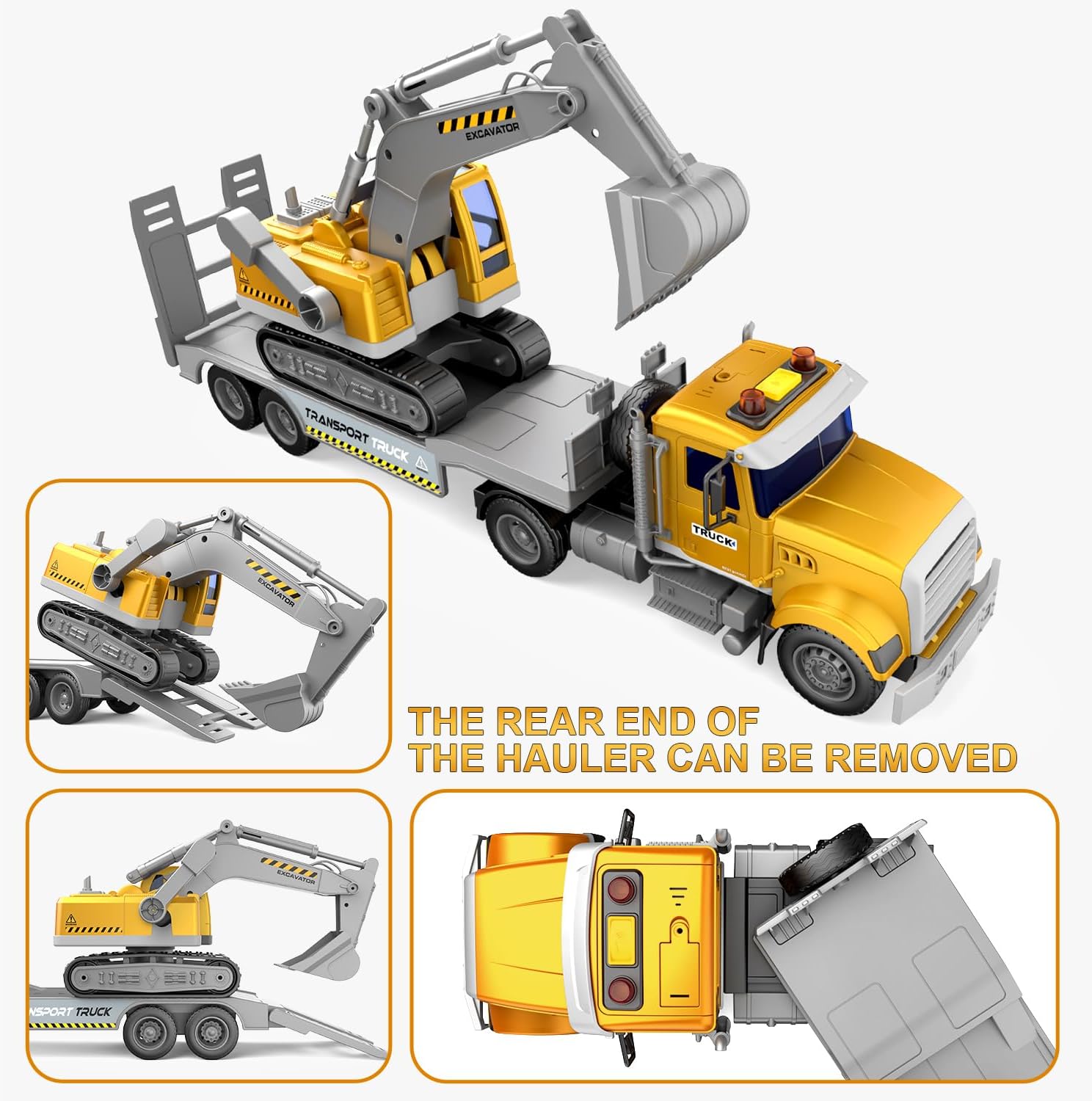 DOWELLIN Transports Trucks Kids Toys, 22" Large Semi Truck Toy Carrier and Excavator Truck with Sound&Light,Friction Powered Cars Toys Birthday for Childs-Yellow