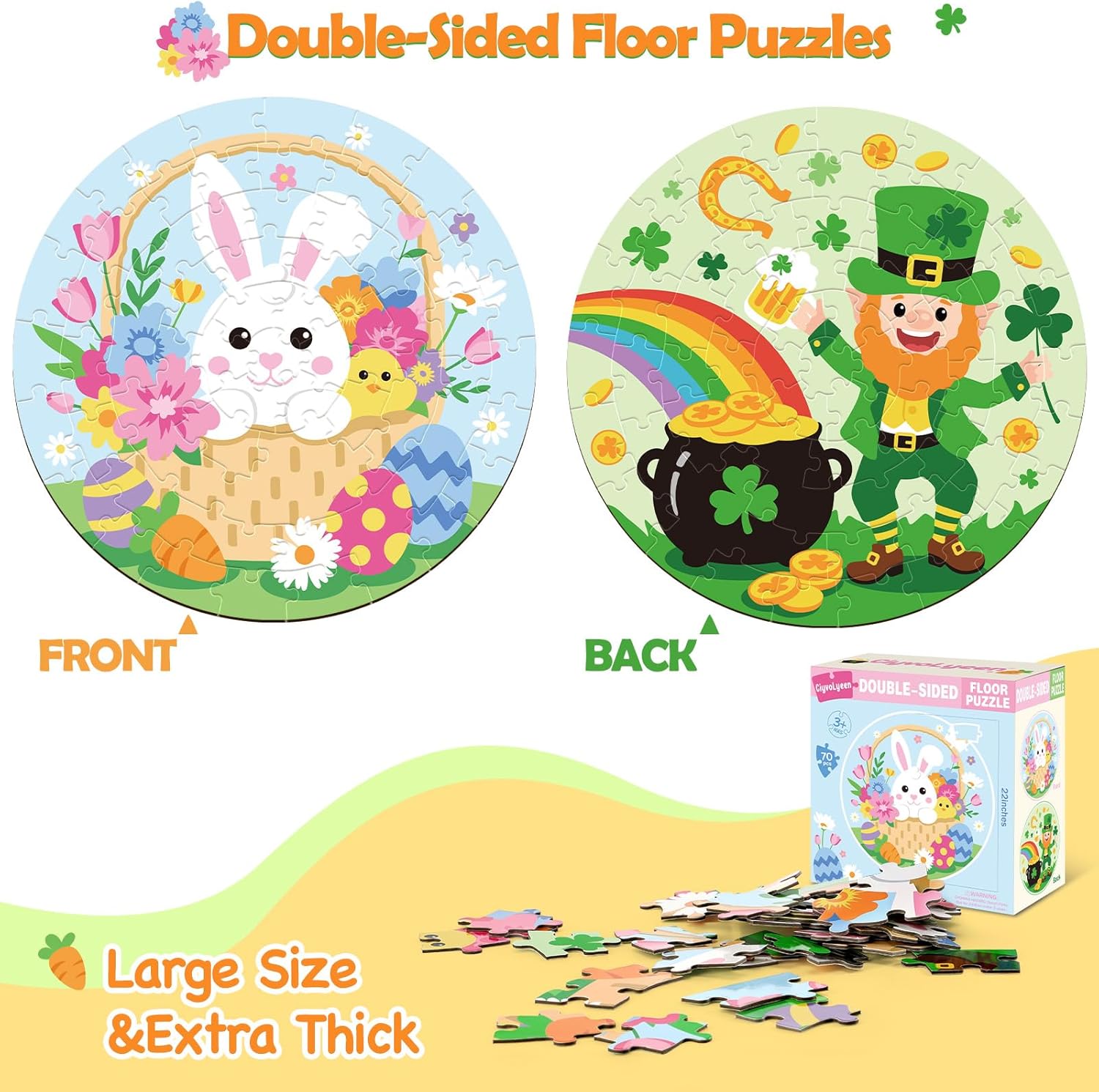 CiyvoLyeen Easter Floor Puzzles for Kids Large Bunny Eggs Jigsaw Puzzles Double Sided St. Patrick's Day Floor Puzzle Toys Toddlers Ages 3 and up Easter Gifts Party Favors 70 Pieces 22"