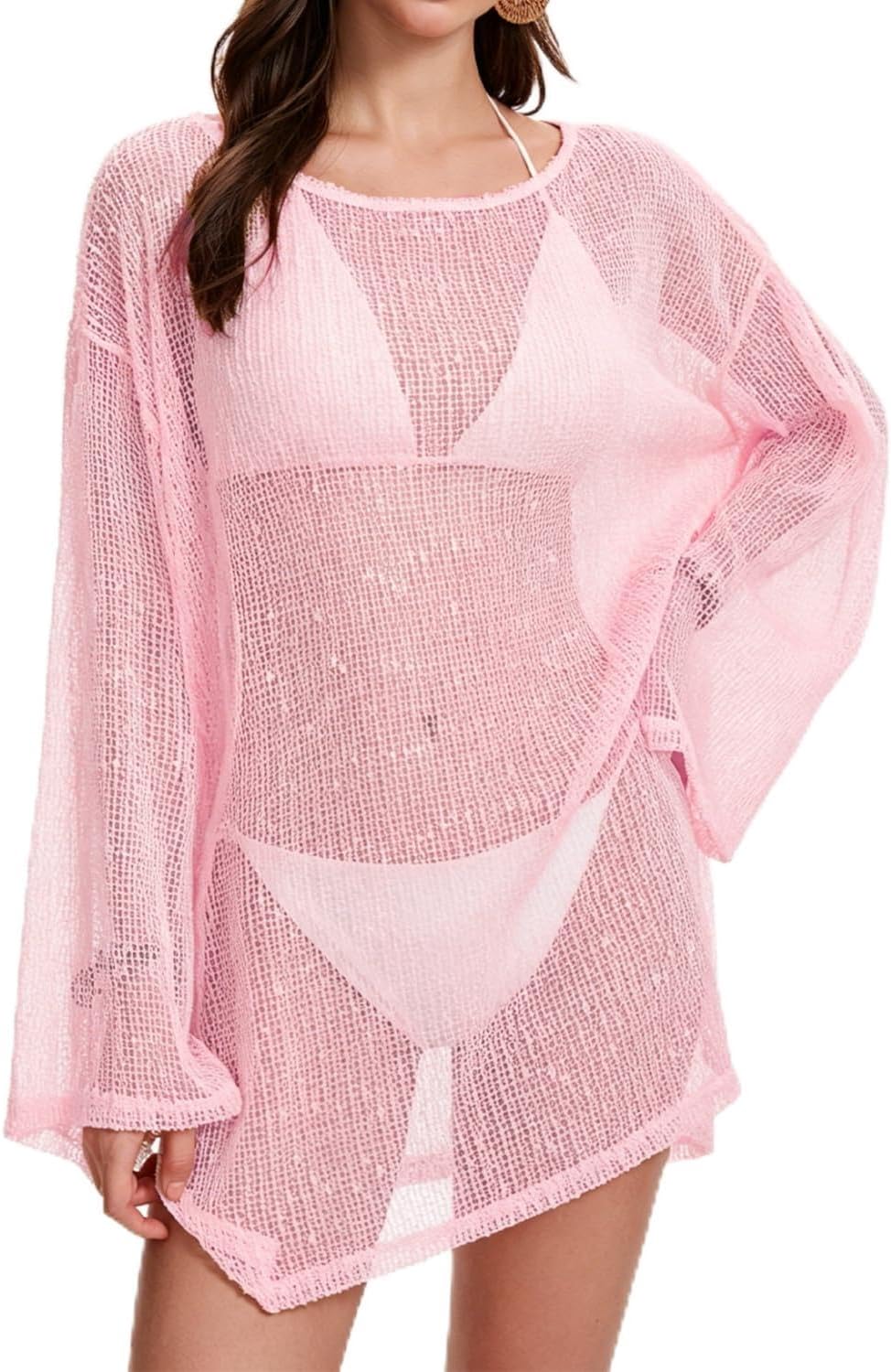 Swimsuit Coverup for Women, Crochet Sheer Beach Dress Summer Sexy Slit Swim Bathing Suit Cover Up with Small Sequins