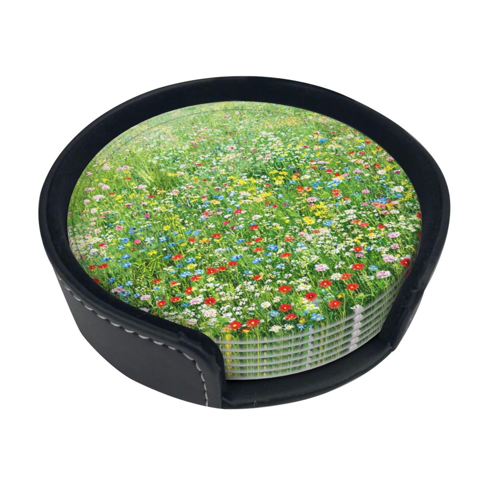 Wildflower Meadow Leather Coasters-Set of 6 with Storage Holder