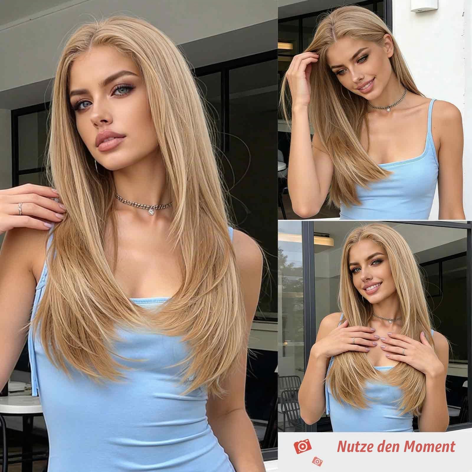 Allbell 13x6 Highligh Light Brown Lace Front Wig for Women 22 Inch Long Straight Layered Wig,Glueless Synthetic HD Lace Wigs for Daily Party Use