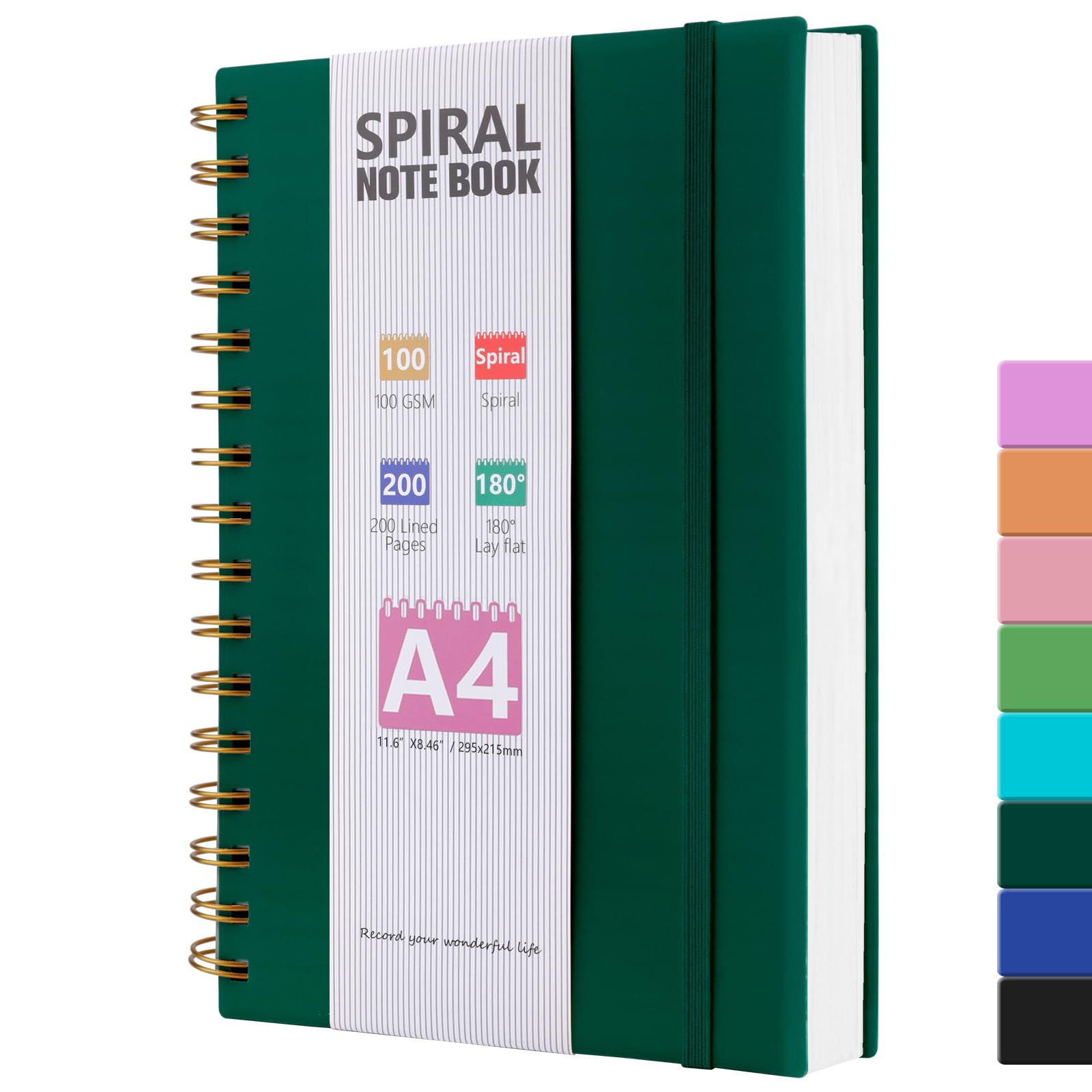 HIJYOO A4 Notebook, 200 Pages Notebook Journal for Women Men, Wirebound Spiral Notebooks with 100GSM Lined Paper, PVC Waterproof Cover Note Book Notepad for Work Office School Supplies, DarkGreen