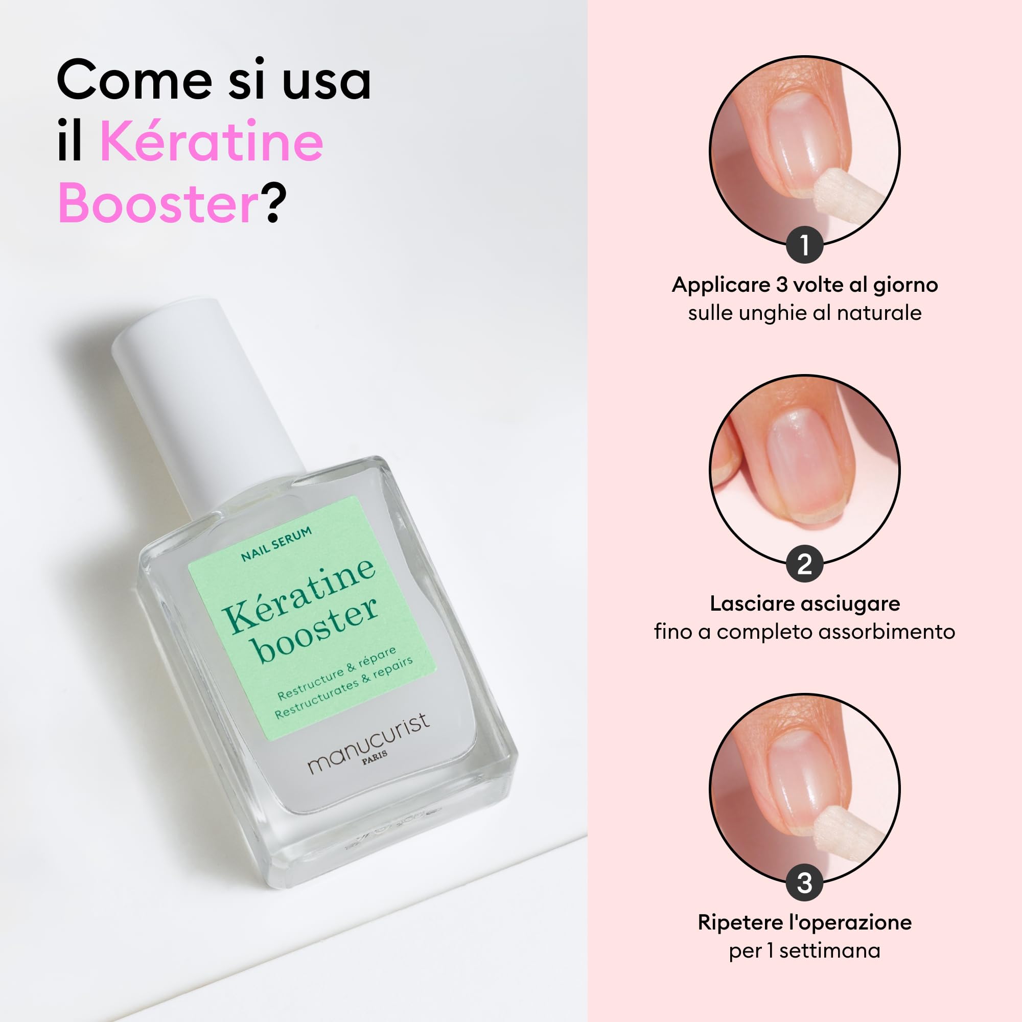 Manucurist Kératine Booster - Indurente Unghie - Smalto Rinforzante Unghie Fragili - Cheratina vegetale, AHA, PHA, MSM, Silicio e Vitamina B8-97,5% ingredienti di origine naturale