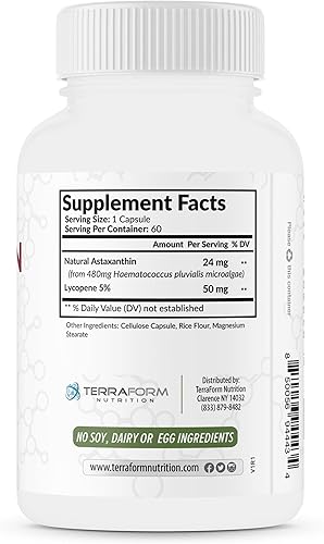 Miniatura 7 de TerraForm Nutrition Suplemento de astaxantina de 24 mg con licopeno 50 mg - Complejo antioxidante de doble espectro de dosis alta - Astaxantina
