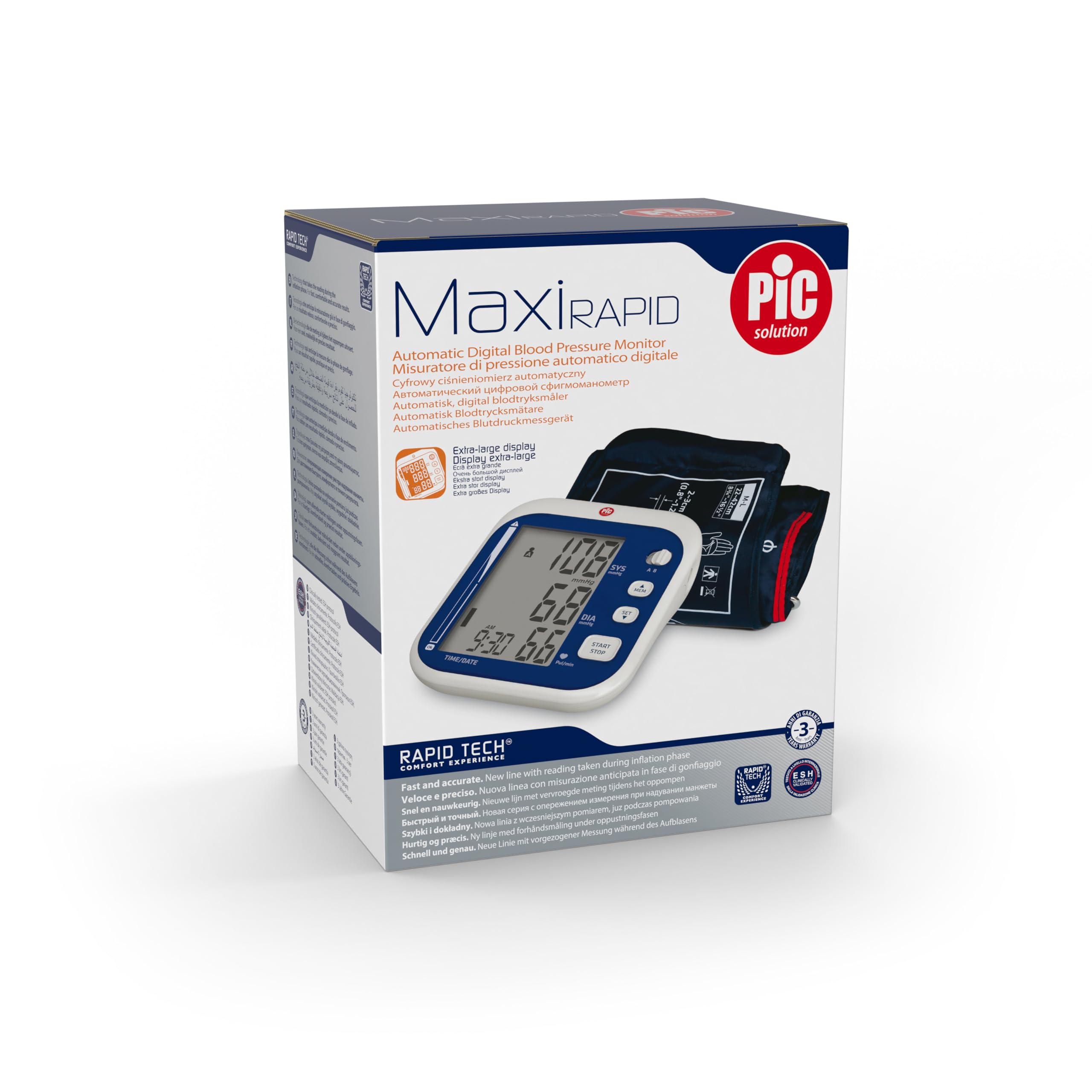 Pic Solution - maxiRAPID Tensiómetro Digital de Brazo - Dispositivo para medir la presión arterial y el Monitoreo Doméstico de la Hipertensión con pantalla Extra-Grande