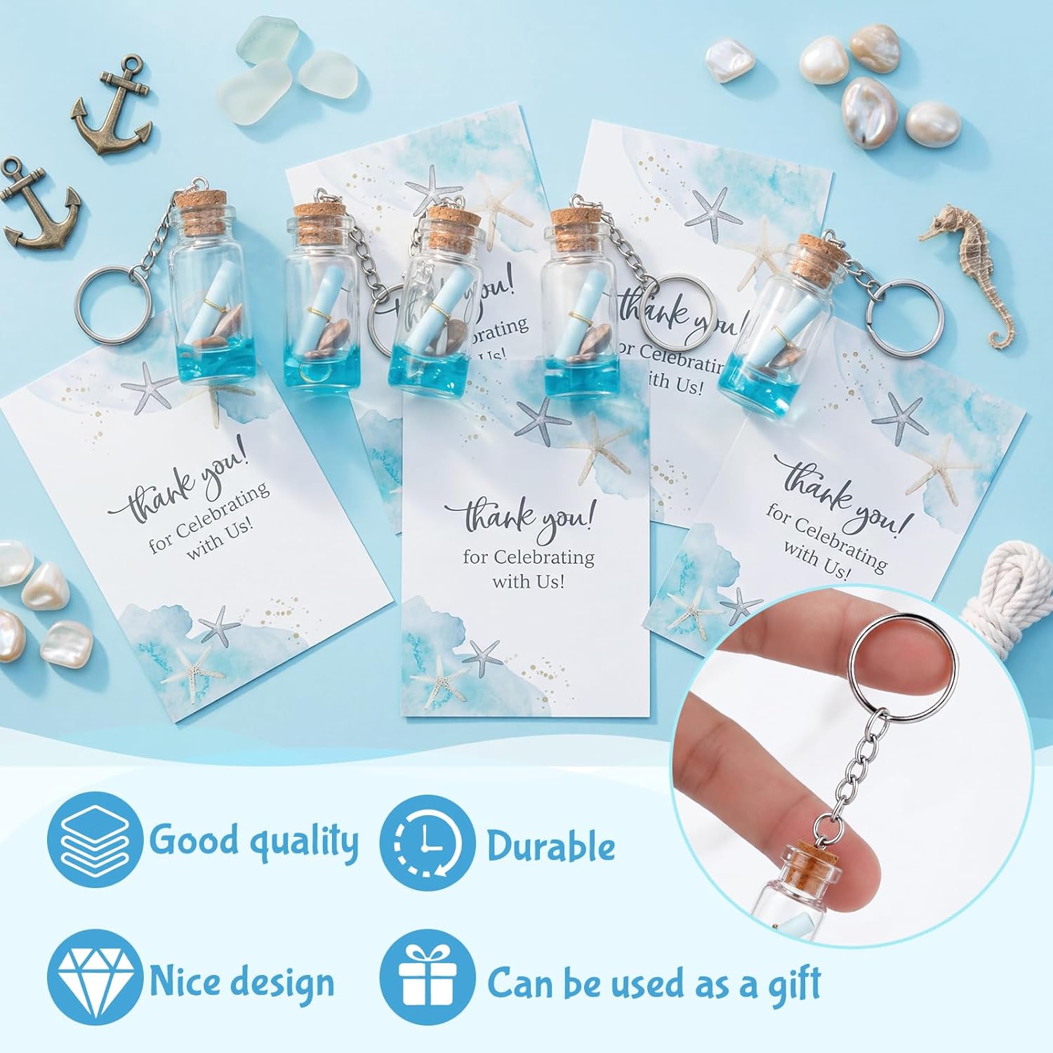 Kenning 36 Sets Beach Wedding Favors for Guests Summer Coastal Beach Ornaments Nautical Glass Message Bottle Keychain with Thank You Cards for Ocean Seashell Party Favors Wedding Party Favor