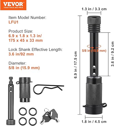 Miniatura 7 de VEVOR Cerradura de enganche de remolque, diámetro de 5/8 pulgadas, pasador receptor de bloqueo con 2 llaves y 4 juntas tóricas, pasador antirrobo