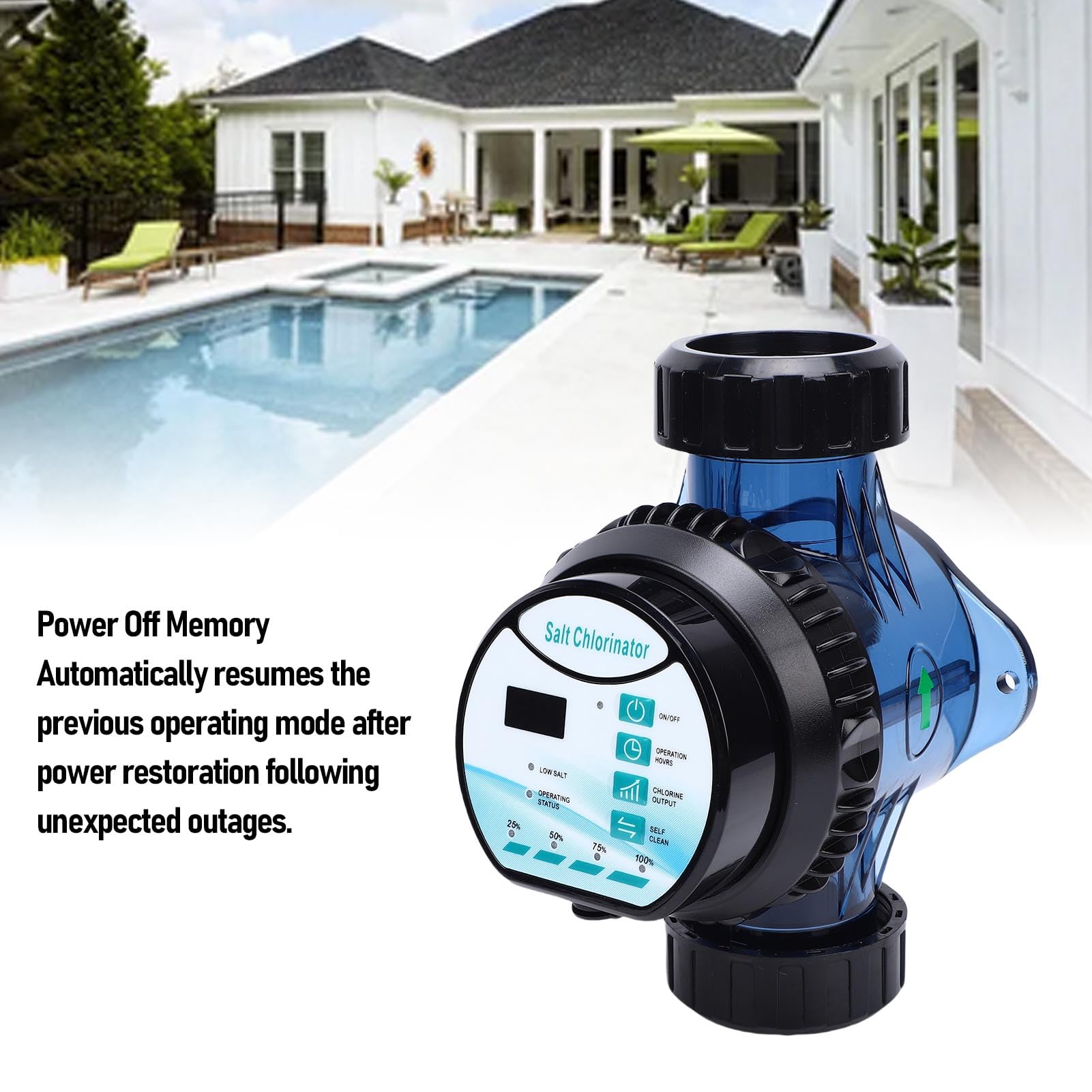 OPPWONG Generador de Cloro Salino, Clorador de Piscina de Agua Salada con Control Inteligente con Función de Autolimpieza y Salida de Cl Ajustable, para Piscinas Elevadas, SPA de