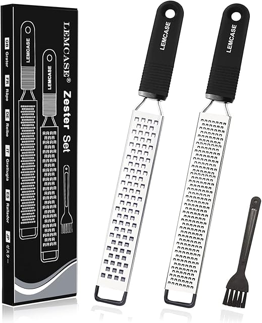 LEMCASE Lemon Zester and Cheese Grater - Citrus, Parmesan, Chocolate, Nutmeg, Garlic, Ginger - Silicone Handle and Stainless Steel Blades with Protective Cover | Black (2 Piece Set)