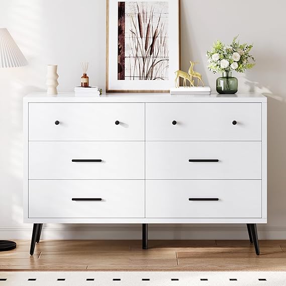 DWVO White 6-Drawer Dresser, Modern Wooden Chest of Drawers with Black Metal Handles & Anti-Tip Safety, Stylish Storage Cabinet for Bedroom, Living Room, Hallway, or Entryway