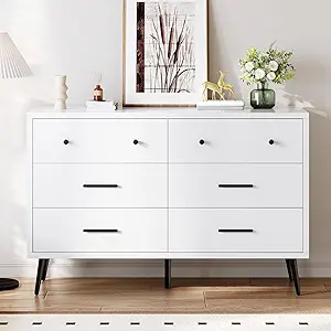 DWVO White 6-Drawer Dresser, Modern Wooden Chest of Drawers with Black Metal Handles & Anti-Tip Safety, Stylish Storage Cabinet for Bedroom, Living Room, Hallway, or Entryway