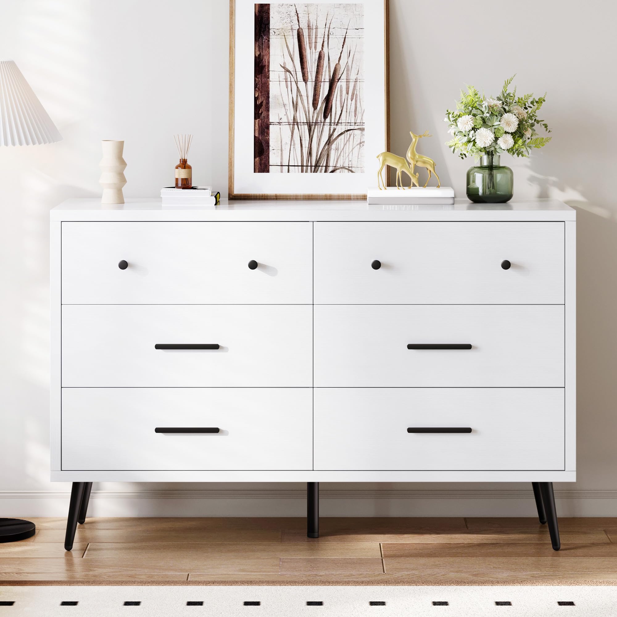 DWVO White 6-Drawer Dresser, Modern Wooden Chest of Drawers with Black Metal Handles & Anti-Tip Safety, Stylish Storage Cabinet for Bedroom, Living Room, Hallway, or Entryway