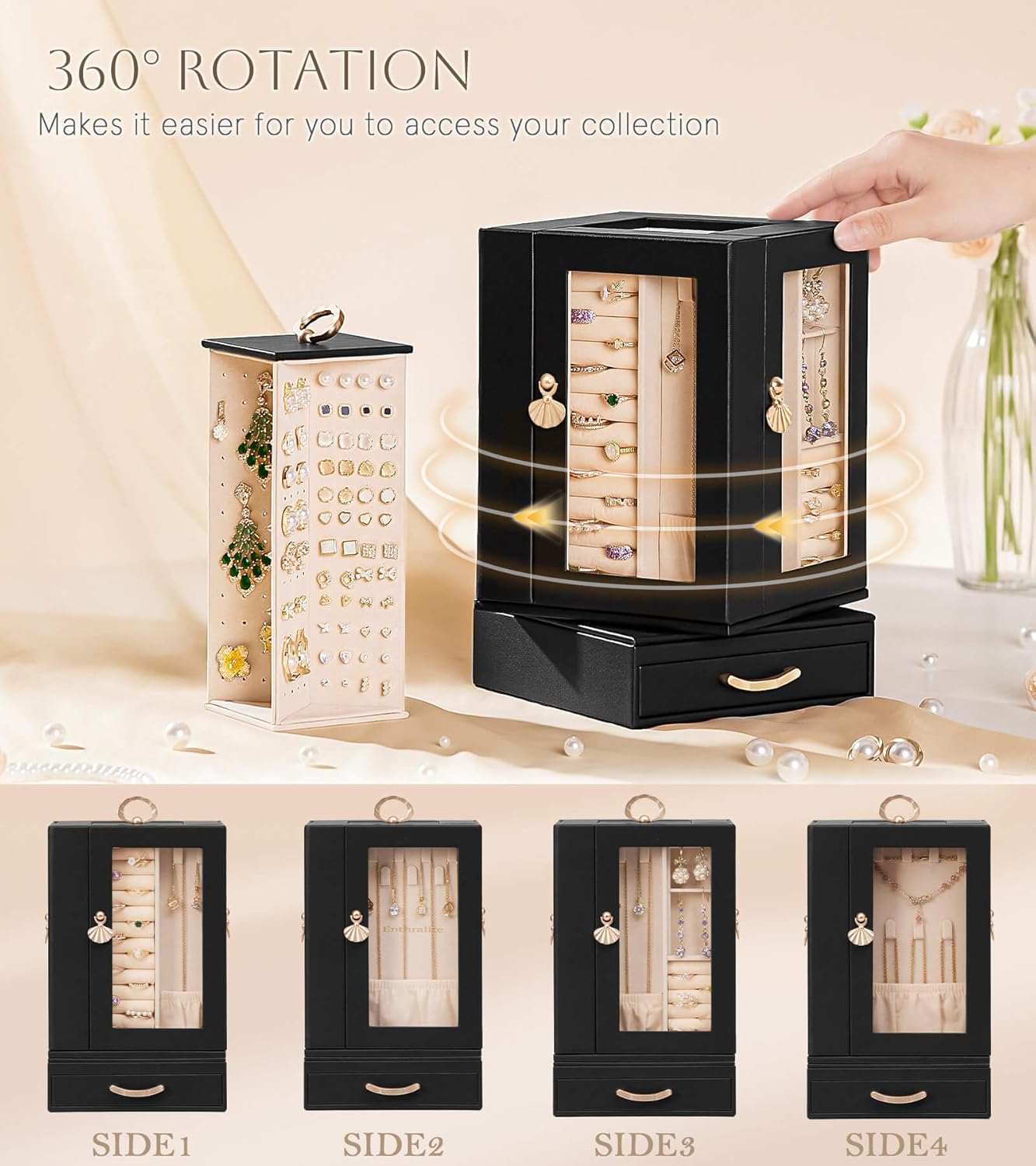 Enthralite Jewelry Box large for Dresser: Women Necklace Ring Storage Organizer with Compartments - Elegant Earring Holder Display (Black)