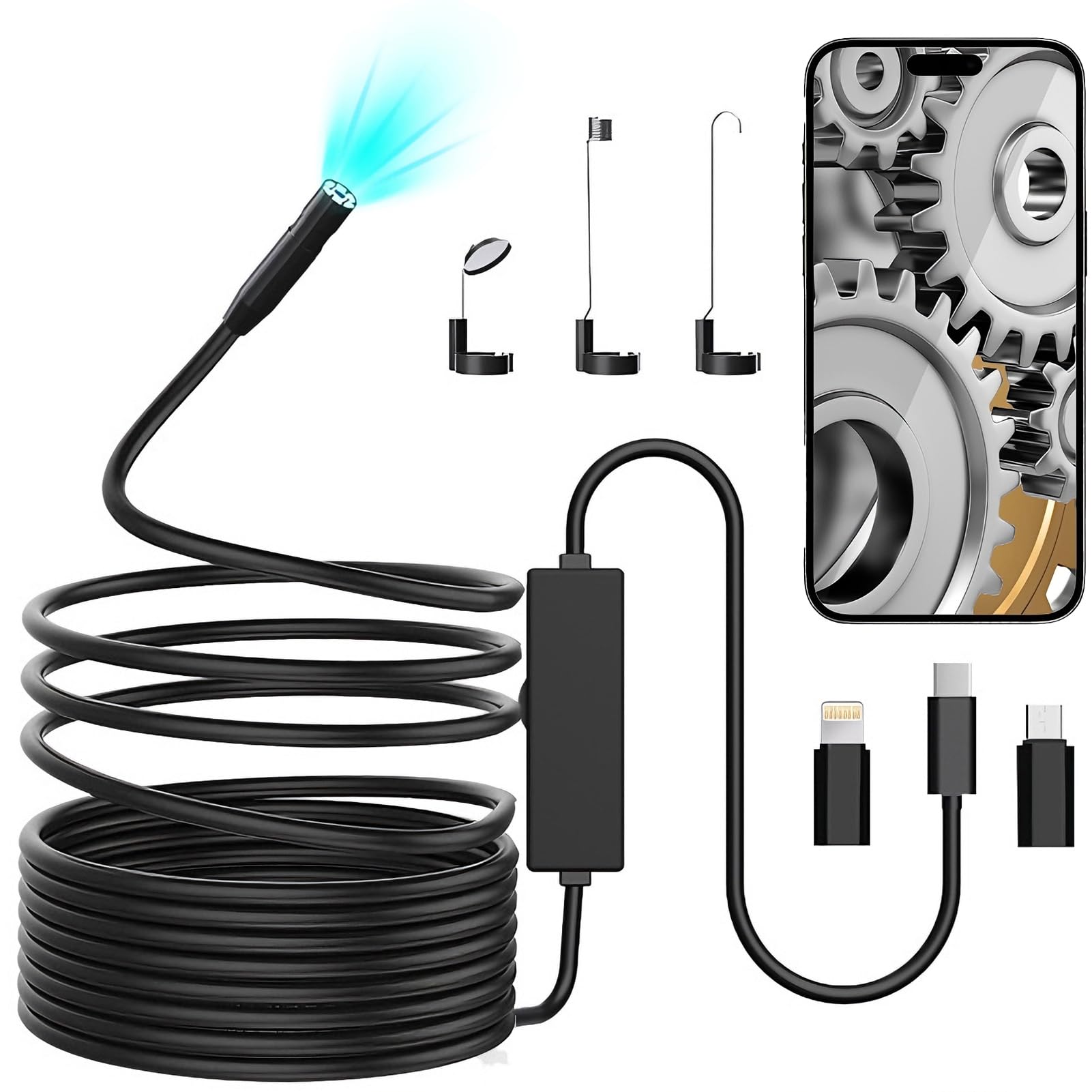 ZZXLOPE 1920P HD Endoscopio de Inspección de Serpiente, 3 en 1 USB Cámara Endoscópica, Cámara Endoscópica con 8 Luces LED para Móvil Android & iOS, Borescopio para Coche, Casa, Tuberías(16,5 FT/5M)