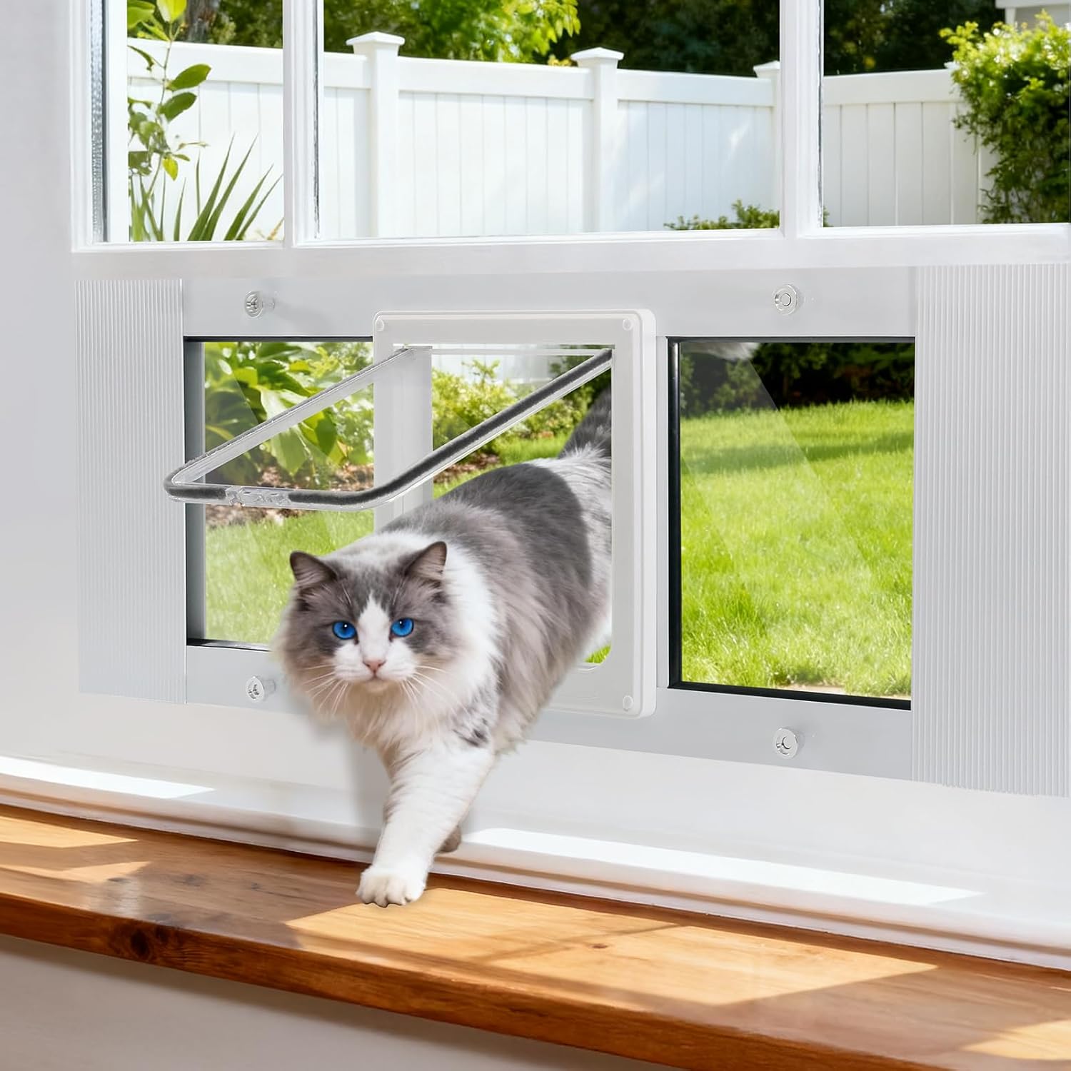Aluminum Frame Window Cat Door Insert for 27''–32" Sash Windows, Magnetic Flap with 4 Locking Modes, Weatherproof Cat Window Door for Easy Pet Access (27''–32")