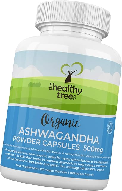 Organic Ashwagandha Capsules by TheHealthyTree Company - Vegan, 100% Natural Ayurvedic Adaptogenic Herb for Mind, Body and Spirit - 120 x 500mg Ashwagandha Root Tablets