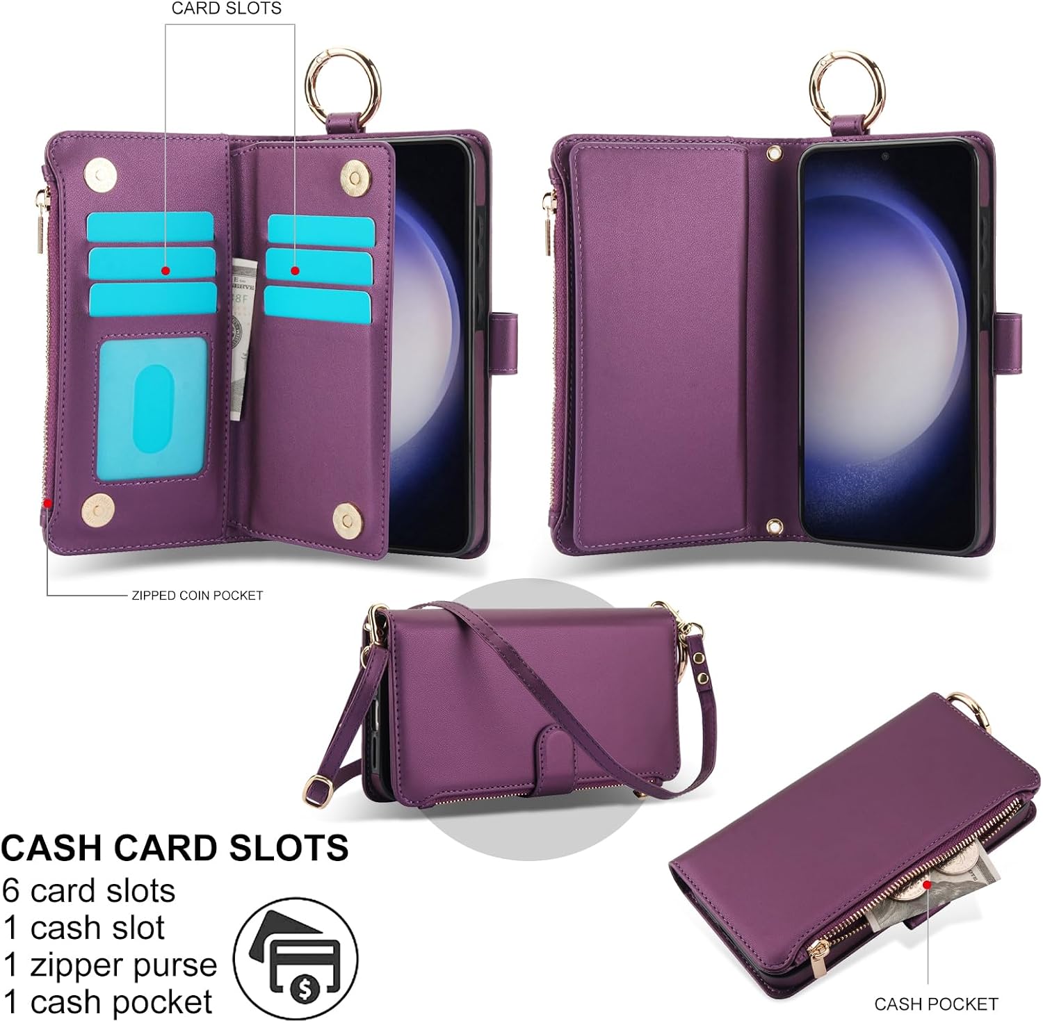 Asuwish Phone Case for Samsung Galaxy A14/M14 5G Zipper Wallet with Tempered Glass Screen Protector Crossbody Strap Card Holder RFID Blocking Flip Cell Cover A 14 4G 14A 14M G5 Women Girls Deep Purple