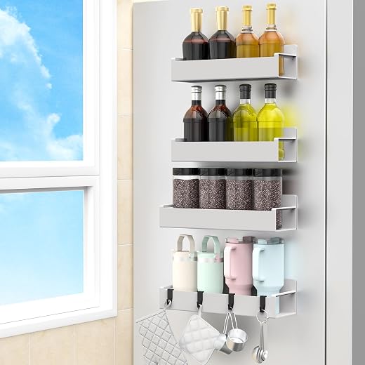 HuggieGems 4 Pack Light Grey Magnetic Spice Rack Organizer for Refrigerator