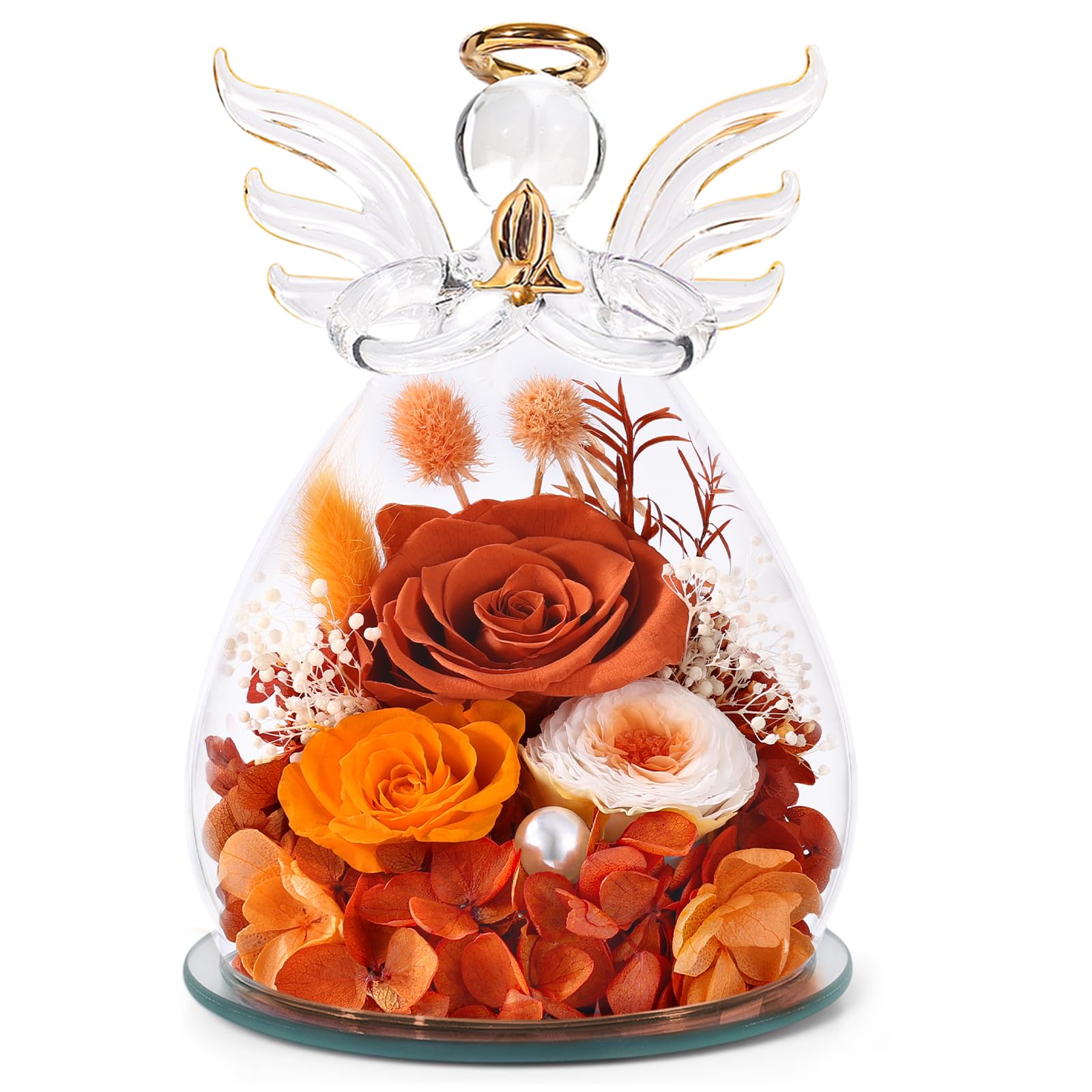 FIACO Gifts for Women Birthday Preserved Rose Forever Flower in Glass Angel Figurines Fresh Flowers for Delivery Prime for Mom Real Orange Roses for Grandma Sister Wife Her from Daughter