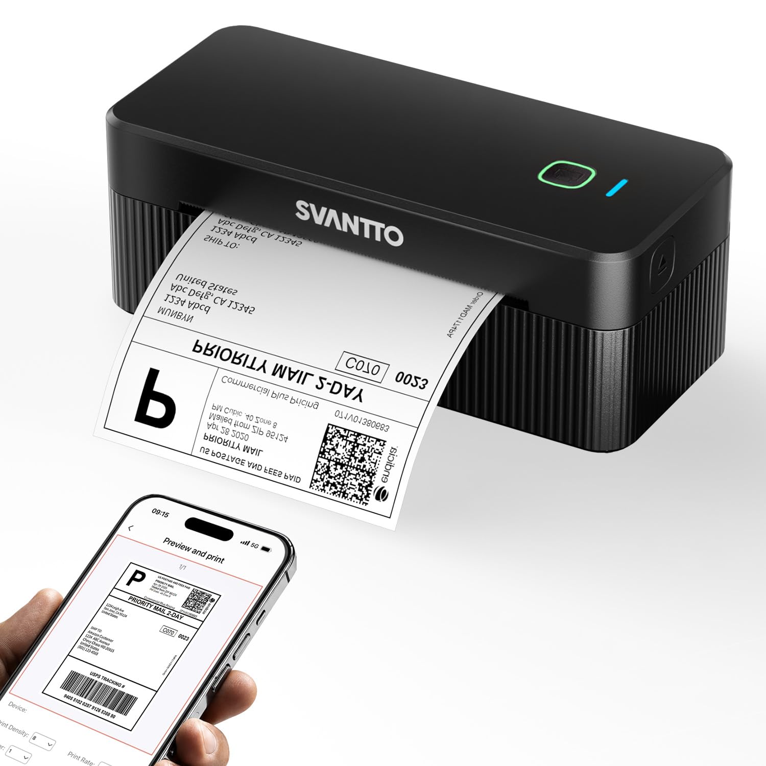 SVANTTO Imprimante Etiquette Expedition Bluetooth, Imprimante Etiquette Autocollante 4x6 pour Petites Entreprises, Compatible avec DHL, DPD, UPS, Shopify, iPhone, Mac, Windows, Noir