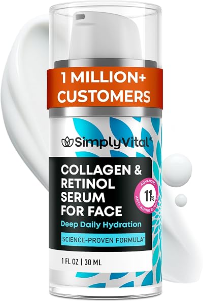 SimplyVital Collagen, Retinol & Hyaluronic Acid Serum - Anti-Aging Moisturizer for Face, Neck & Décolleté - Deep Moisturizing Skin Care Complex - Hydrating Facial Serum for Women, 1 fl.oz
