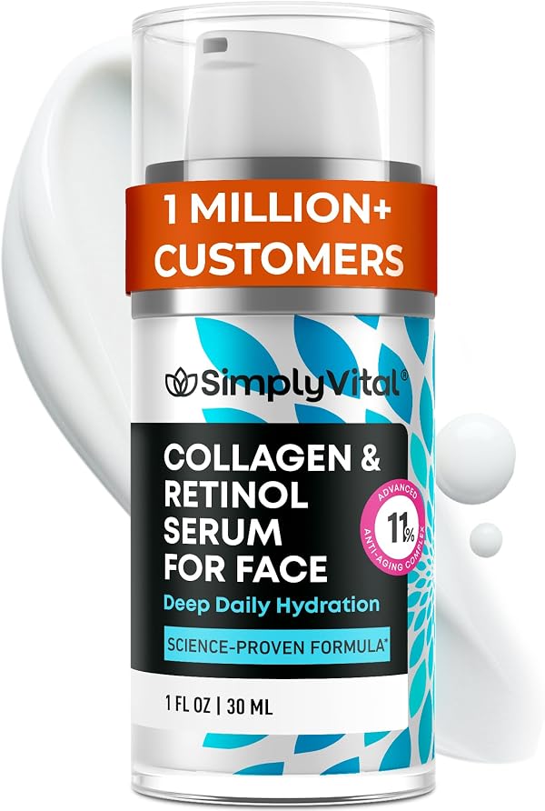 SimplyVital Collagen, Retinol & Hyaluronic Acid Serum - Anti-Aging Moisturizer for Face, Neck & Décolleté - Deep Moisturizing Skin Care Complex - Hydrating Facial Serum for Women, 1 fl.oz