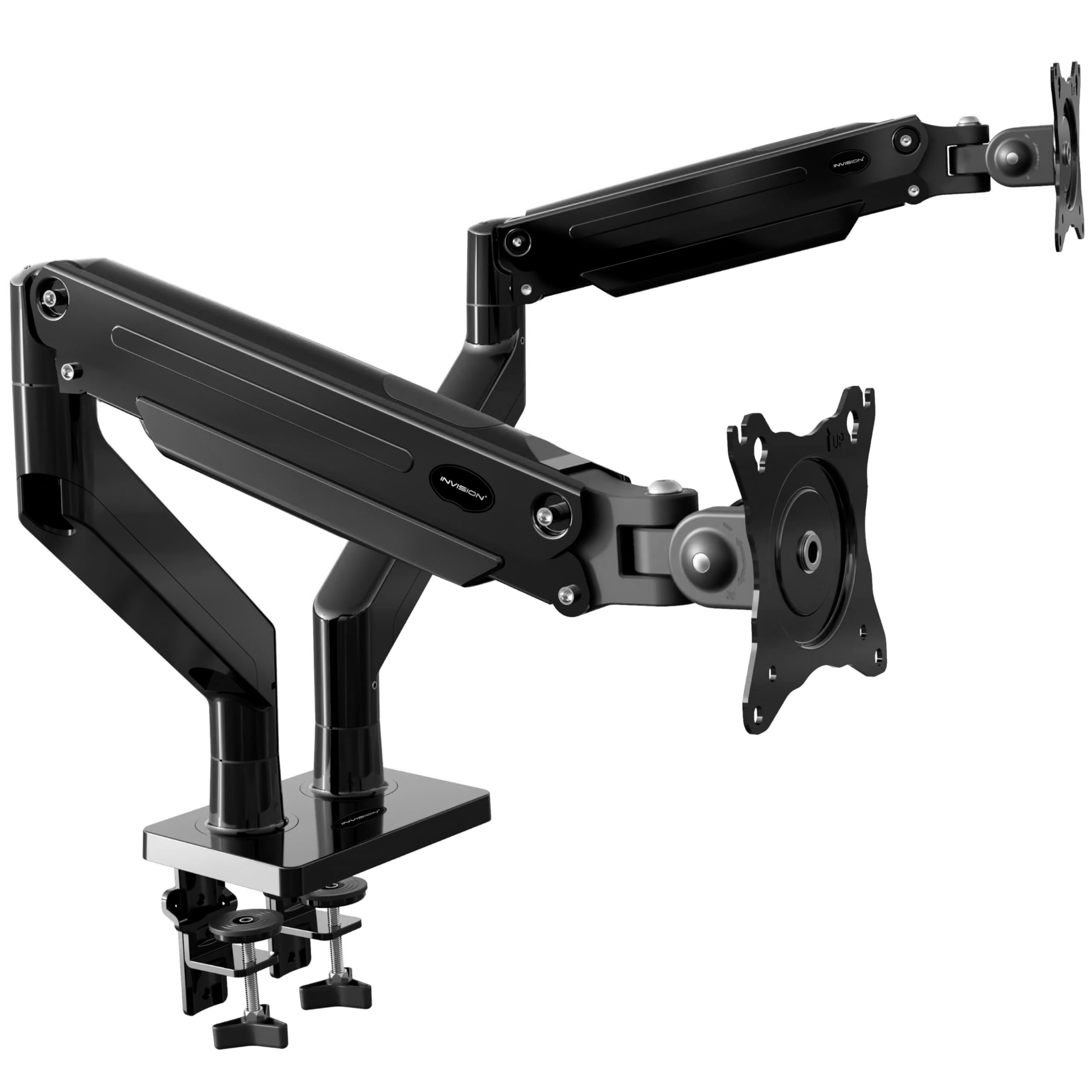 Invision Dual PC Monitor Arm Bracket Ergonomic Height Adjustable (Gas Assisted) Full Motion Long Arm Desktop Clamp Mount for 24”-35” Screens Tilt & Swivel VESA 75mm & 100mm Weight 2kg to 15kg (MX900)