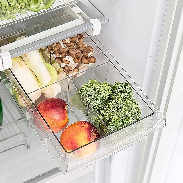 Skycase Fridge Organiser, Transparent Fridge Storage Box, Extendible Adjustable Fridge Box with Handle, Fridge Drawer Organiser for Fridge, Cupboards, Pantry