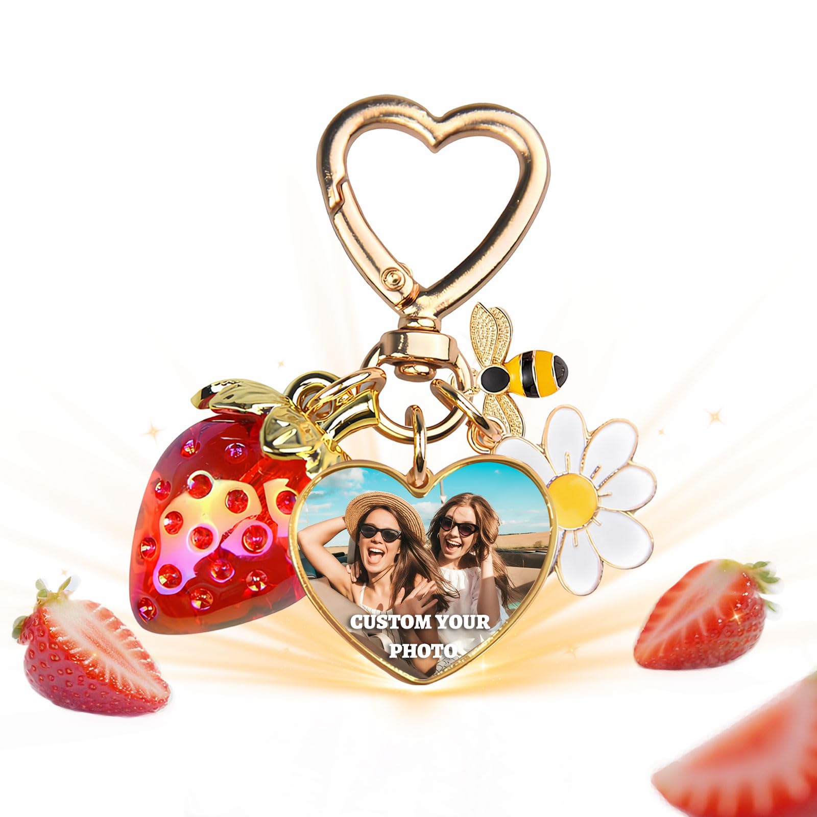 Custom Photo Strawberry Keychain with Bee and Daisy Pattern, Personalized Bag Charms Gifts for Women and Girls (Heart)