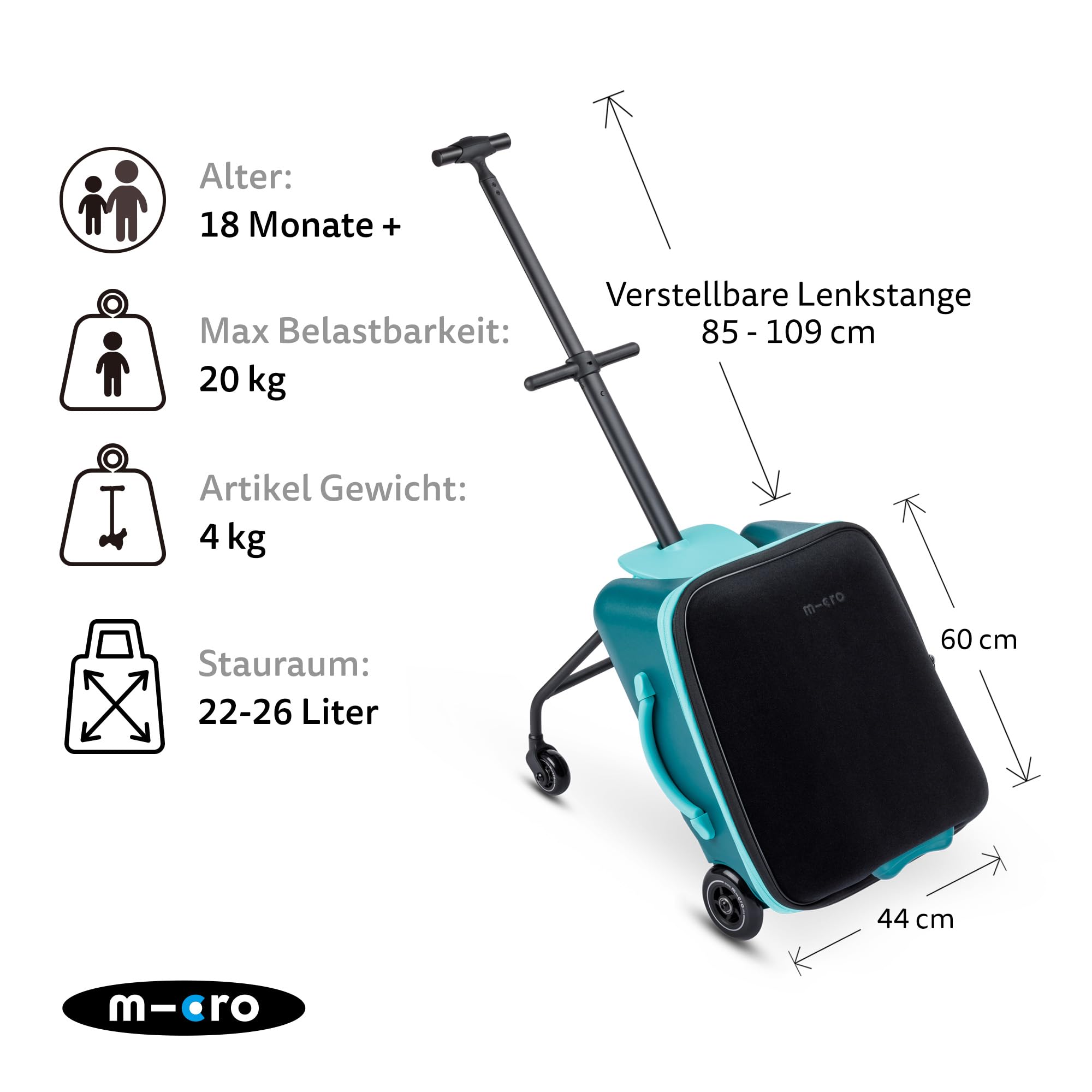 Micro™ Ride on Luggage Eazy Weekender | Das ORIGINAL | Reisetrolley mit Rollen | Höhenverstellbar & klappbar | Einkaufstrolley und Handgepäck IATA konform | Koffer & Trolley in einem