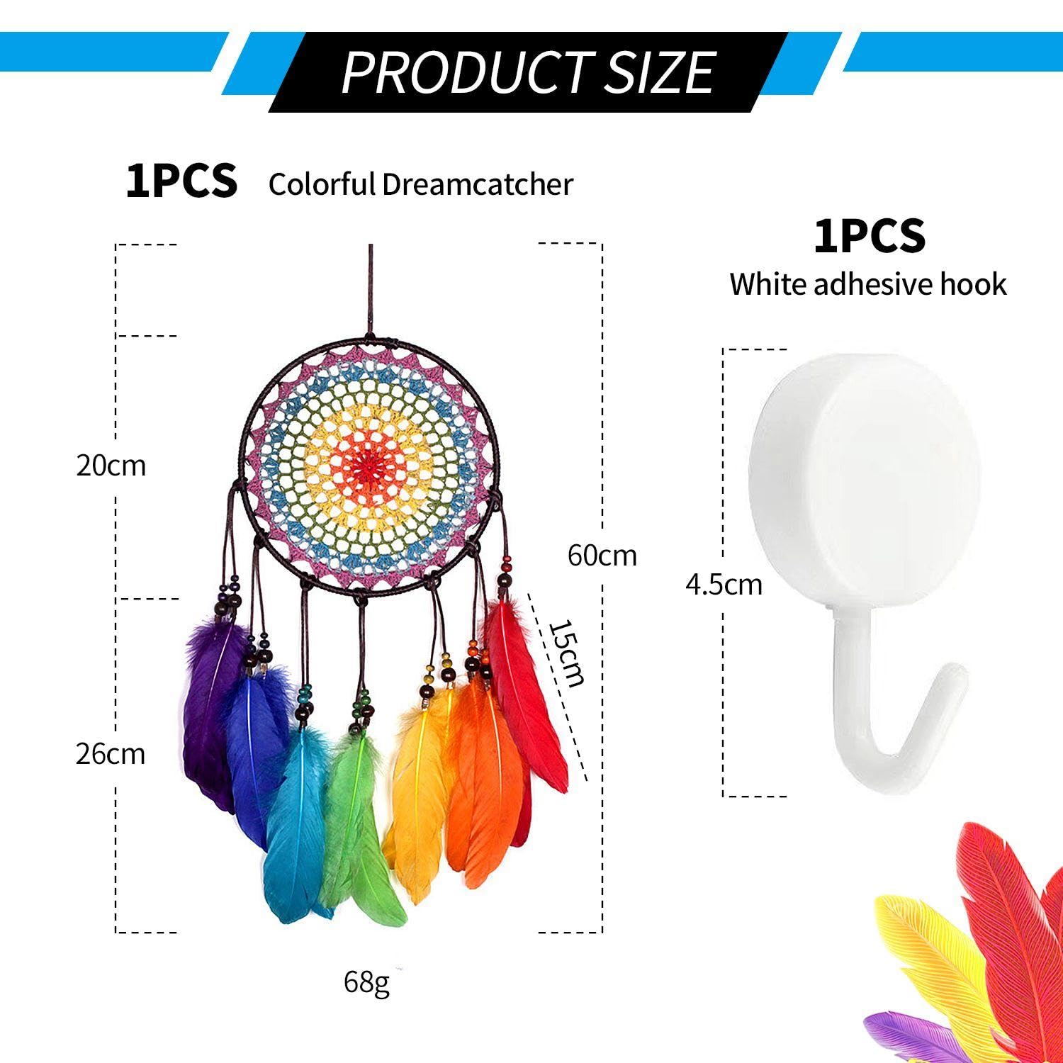 1 Piece Of Dream Catcher Pendant, 1 Piece Of Hook, Wall-Mounted Dream Catcher, Colorful Feather Dream Catcher - Image 2