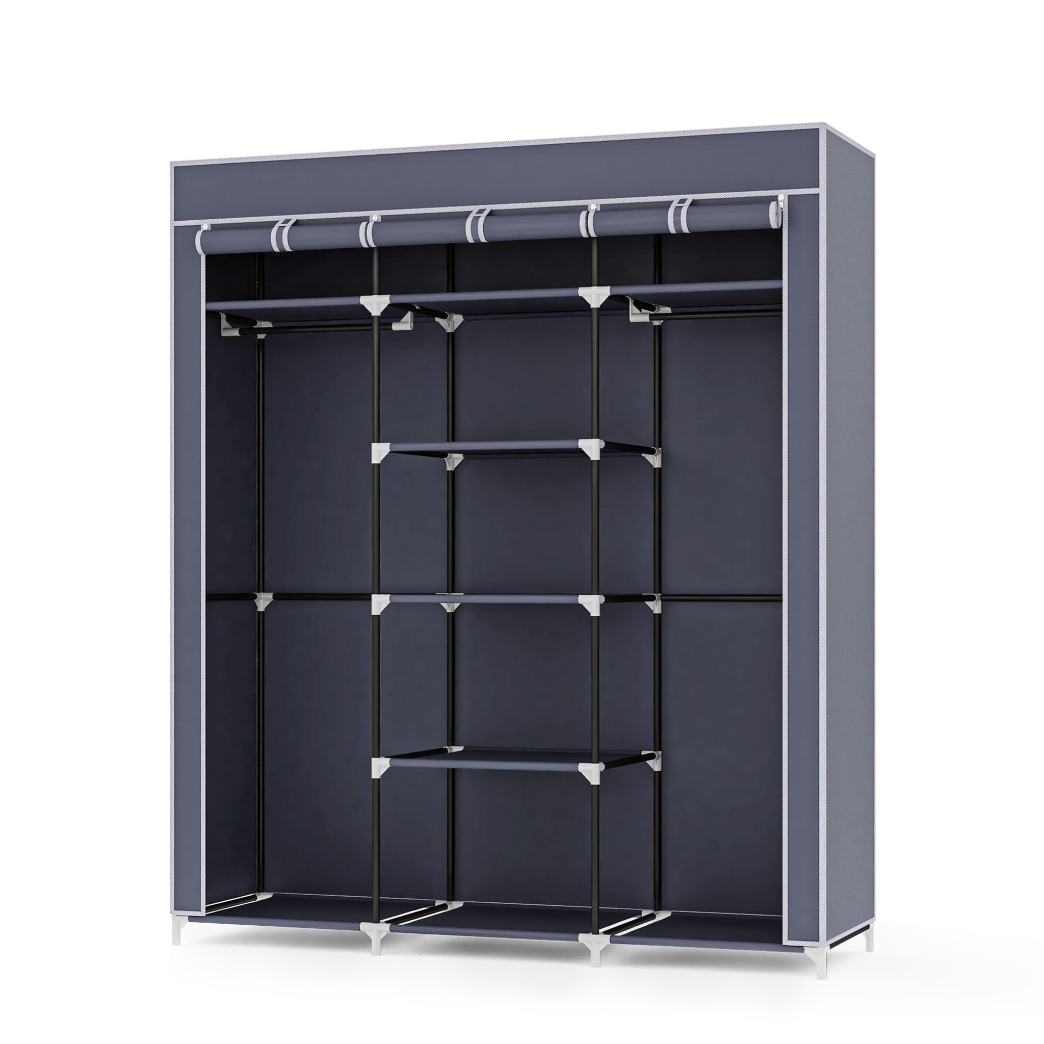 Mondeer Wardrobes for Bedroom, Canvas Wardrobe, Storage Organizer for Clothes, Portable Wardrobe with 2 Clothes Rails, 175 x 150 x 45 cm, Greyblue