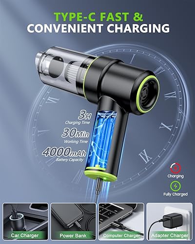 Miniatura 4 de CODN Aspiradora de mano portátil inalámbrica de 12000 PA, aspiradora de mano 2 en 1 y plumero de aire con múltiples boquillas y luz LED, mini