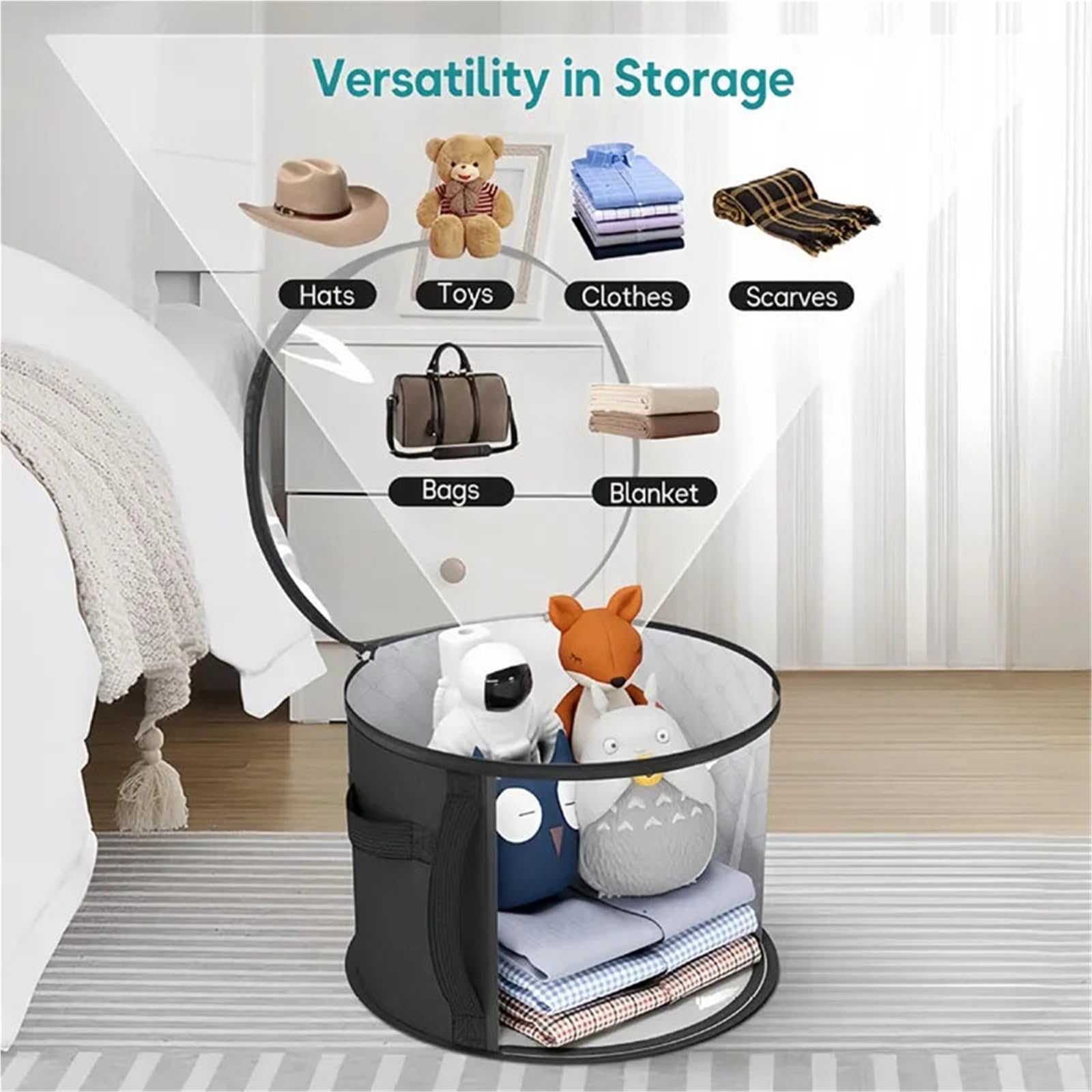 Cubo de almacenamiento no tejido, caja viaje con asa y cremallera portátil, bolsa for sombreros ropa Para Sombrero(Black)