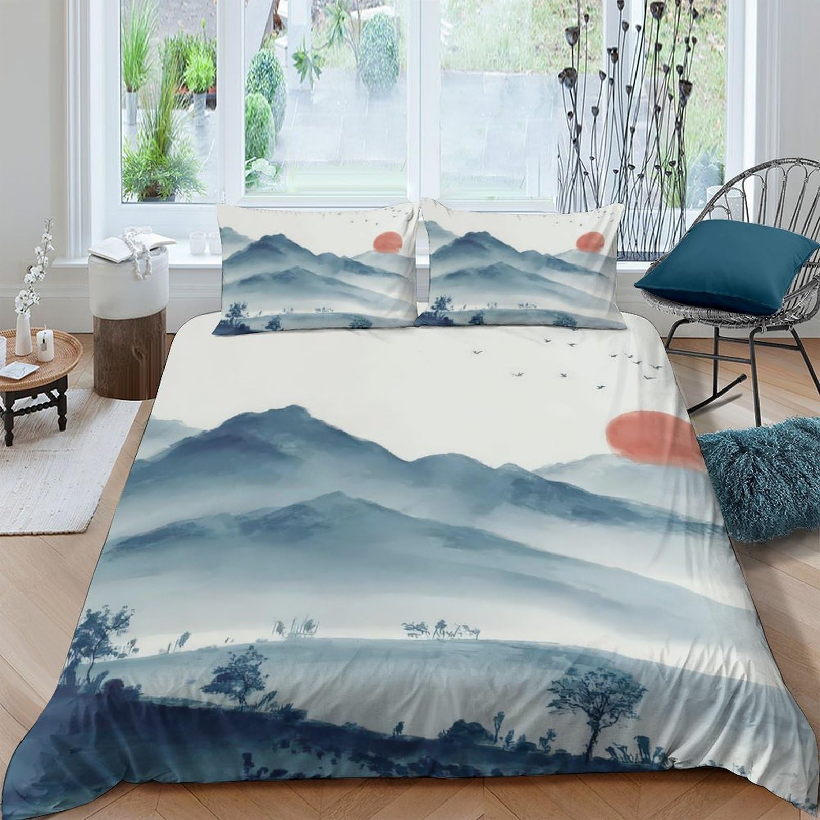 GPLZQXKJNH 3D Printed Blue Mountain Landscape Duvet Cover Microfiber Soft Breathable Sunrise Bedding Set with 2 Pillowcases for Bedroom Decor Single（135x200cm）