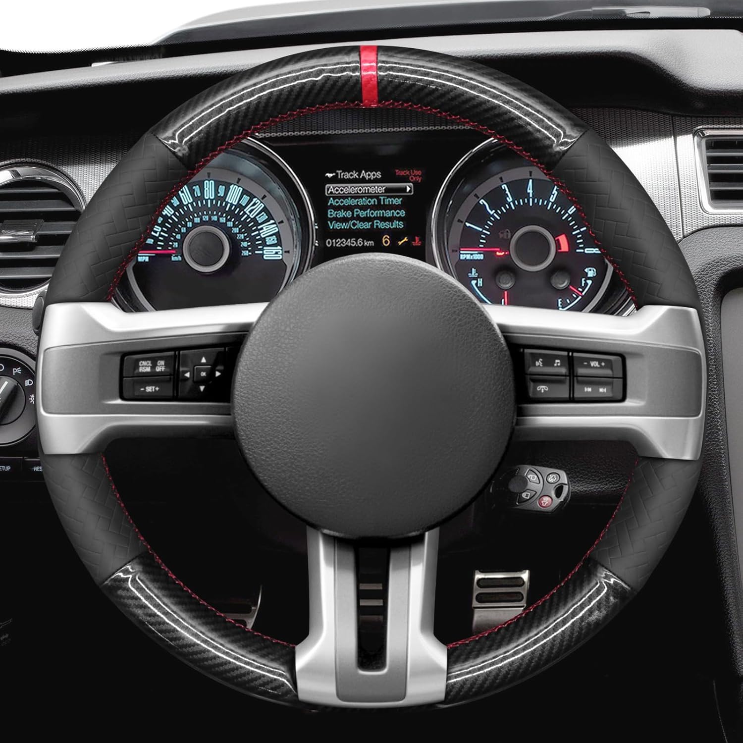 MEWANT DIY Black Shiny PU Carbon Fiber Woven Embossed Artificial Leather Steering Wheel Cover for Ford Mustang 2010-2014