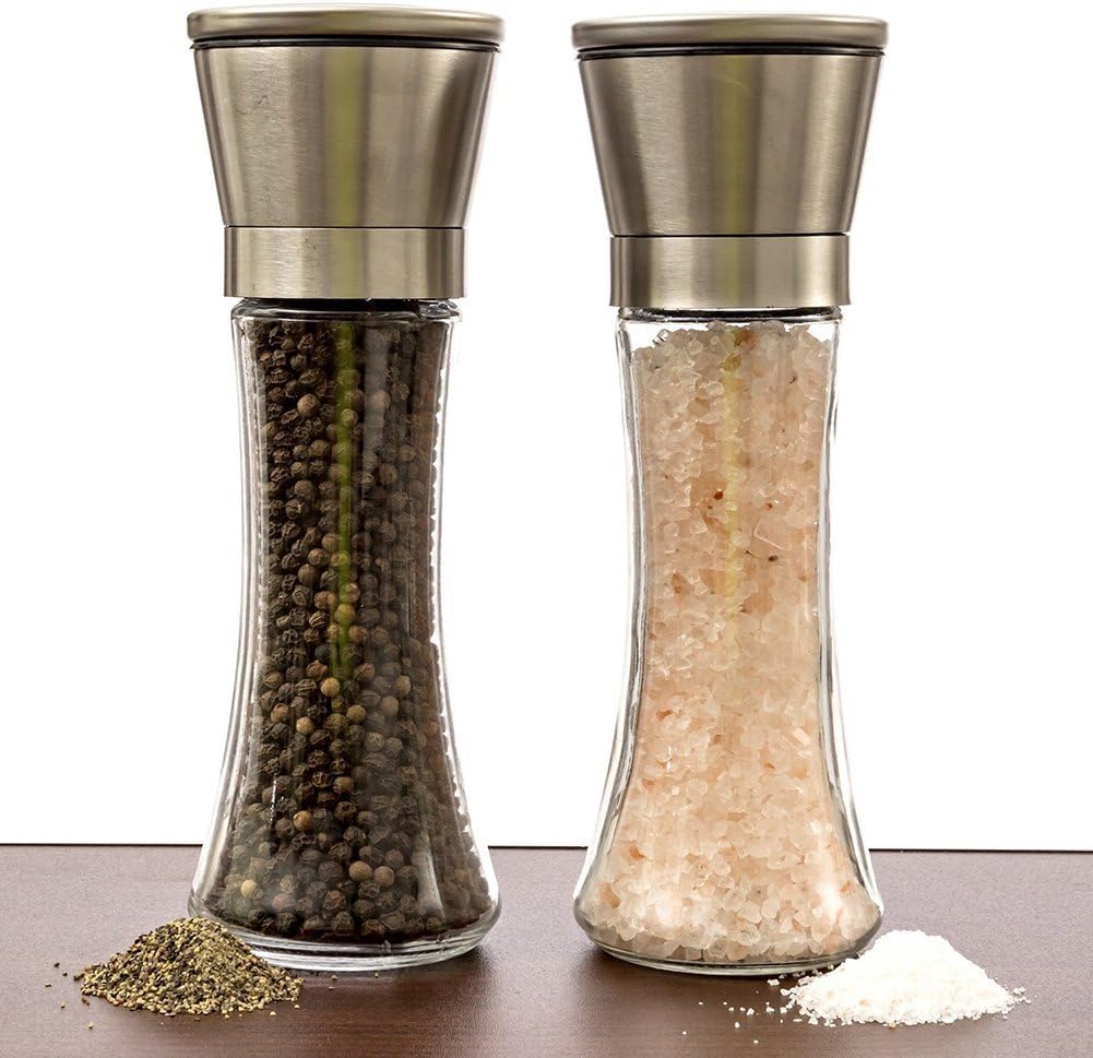 Salt and Pepper Grinders Set of 2 Pepper Mill Brushed Stainless Steel Pepper Grinder 5 Grade Adjustable Handheld Salt Mill Glass Bottle Mills