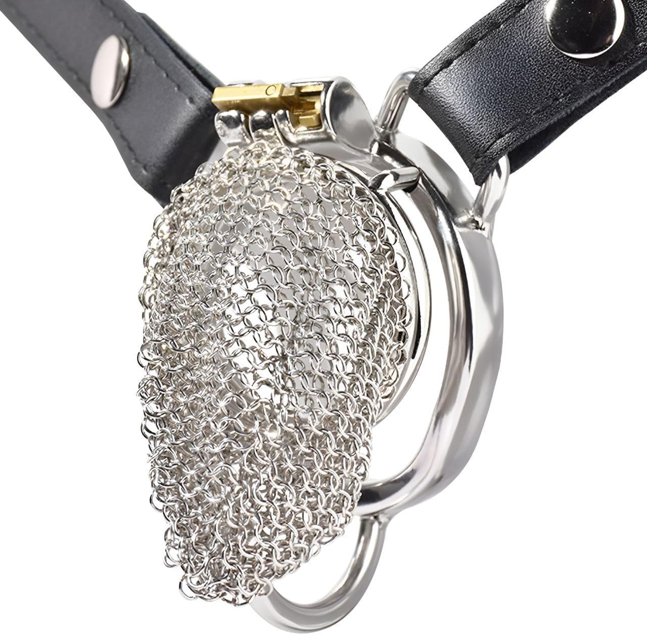 Breathable Silver Mesh Male Chastity Device with Adjustable Leather Belt, Durable 304 Stainless Steel Birdcage Lock for Long-Term Wear