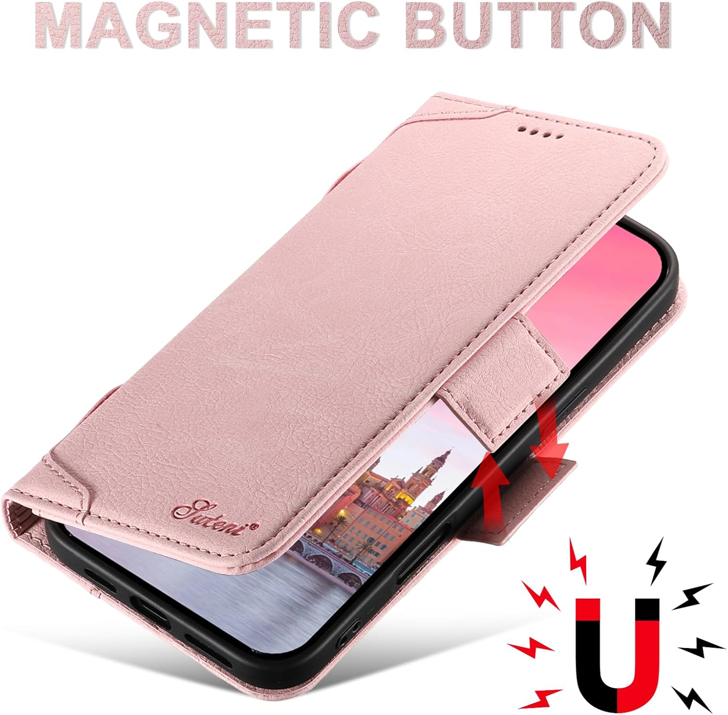 SINIANL for iPhone 16 Pro Max Wallet Case Compatible with MagSafe Wireless Charging, Magnetic Leather Flip Folio Cover with Card Slots Holder Kickstand Case Wallet for iPhone 16 Pro Max Pink