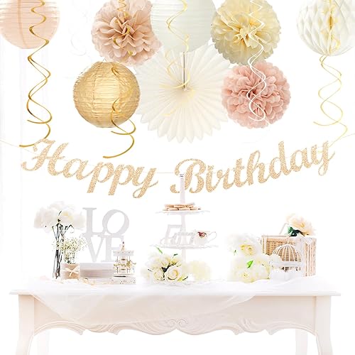 Miniatura 4 de Decoraciones de Fiesta de Cumpleaños Boho de Otoño Dorado Champán Beige - 21 piezas Pancarta Feliz Retro Neutral de Otoño, Girl One Sweet Peach
