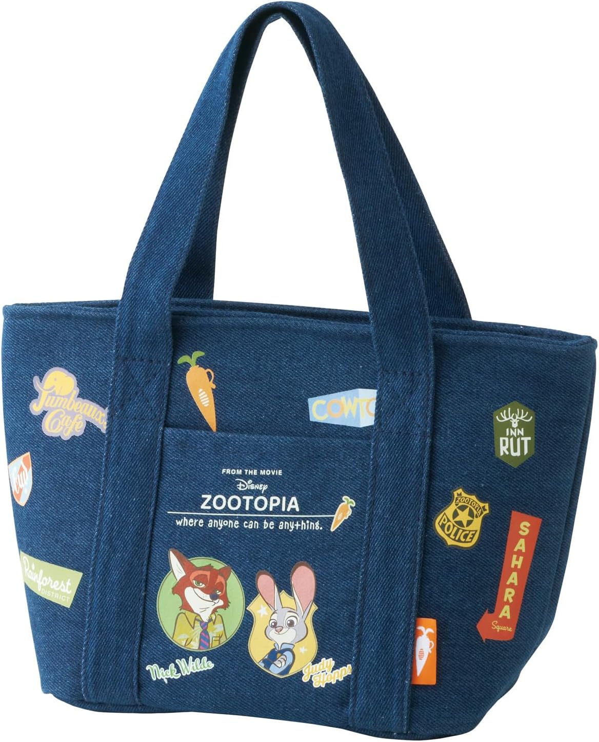 Skater KBCD6-A Insulated Lunch Bag, Denim Tote Bag, Disney, Zootopia, Vintage Patch