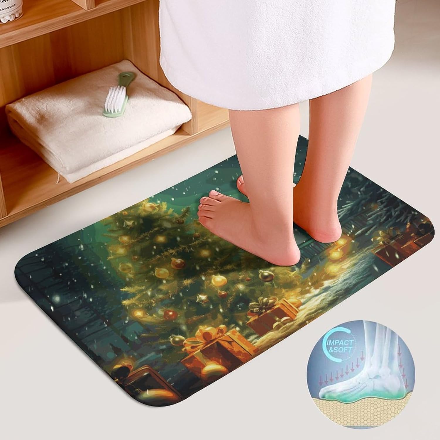 Anti-Skid Floor Mats 3 Piece Set,Christmas Trees Printed Coral Fleece Bathroom Mats U-Shaped Contour Mat Toilet Seat Cover for Bathroom, Tub, Shower, Kitchen 19.7"x31.5"