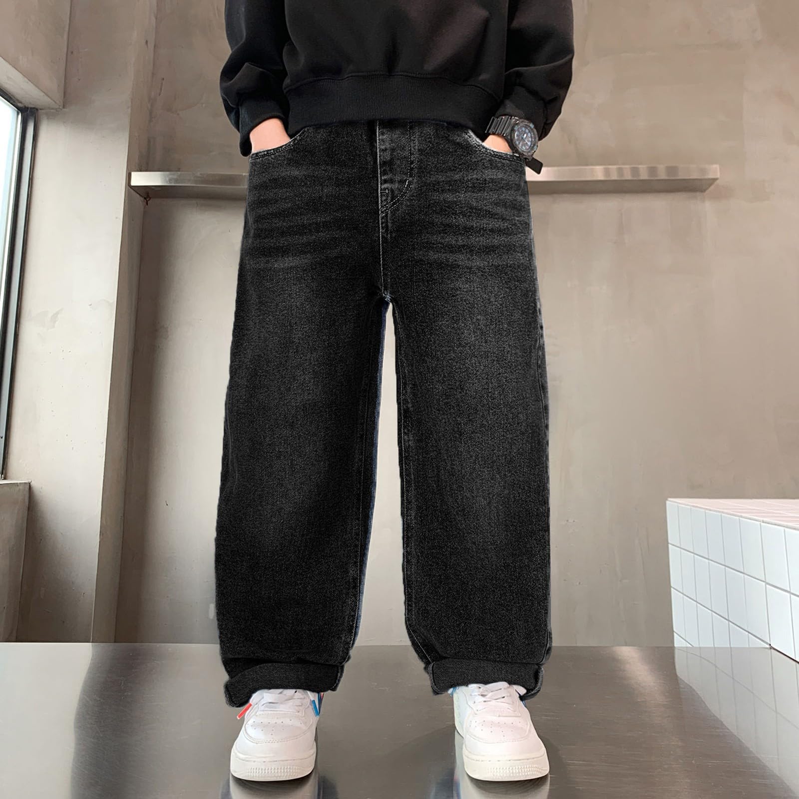 Jeans per ragazzi Pantaloni in denim foderati in pile Pantaloni dritti a gamba larga Pantaloni da scuola Vita elastica Jeans larghi per bambini Vintage Casual Streetwear